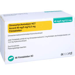 Abbildung: Olmesartan / Amlodipin / HCT Accord 40 / 5 / 12,5mg Fta 98 St, Filmtabletten PZN 16799471