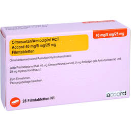 Abbildung: Olmesartan / Amlodipin / HCT Accord 40 / 5 / 25mg Filmtab. 28 St, Filmtabletten PZN 16799494