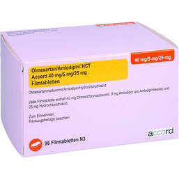 Abbildung: Olmesartan / Amlodipin / HCT Accord 40 / 5 / 25mg Filmtab. 98 St, Filmtabletten PZN 16799519