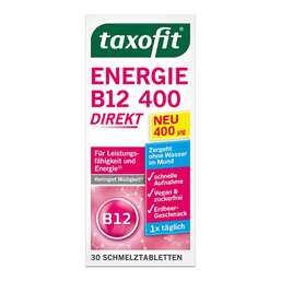 Abbildung: Taxofit Energie B12 400 direkt Schmelztabletten 30 St, Schmelztabletten PZN 16802026