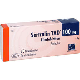 Abbildung: Sertralin TAD 100 mg Filmtabletten 20 St, Filmtabletten PZN 16804195