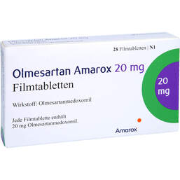 Abbildung: Olmesartan Amarox 20 mg Filmtabletten 28 St, Filmtabletten PZN 16804545