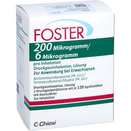 Abbildung: Foster 200 / 6 µg 120 Hub Dosieraerosol 2 St, Dosieraerosol PZN 16808135