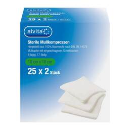 Abbildung: Alvita Mullkompressen steril 10x10 cm 25X2 St, Kompressen PZN 16811290