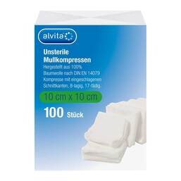 Abbildung: Alvita Mullkompressen unsteril 10x10 cm 100 St, Kompressen PZN 16811456