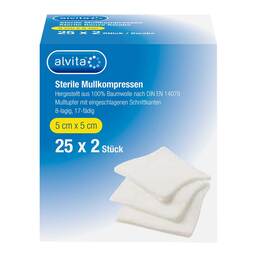 Abbildung: Alvita Mullkompressen steril 5x5 cm 25X2 St, Kompressen PZN 16811462