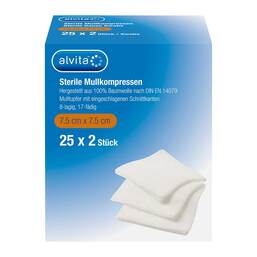 Abbildung: Alvita Mullkompressen steril 7,5x7,5 cm 25X2 St, Kompressen PZN 16811479
