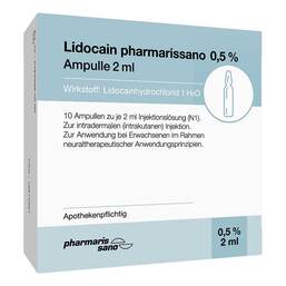 Abbildung: Lidocain pharmarissano 0,5% Injektionslösung Ampullen 2 ml Injektionslösung, 10X2 ml PZN 16815951