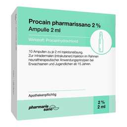 Abbildung: Procain pharmarissano 2% Injektionslösung Ampullen 2 ml Injektionslösung, 10X2 ml PZN 16816287
