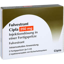 Abbildung: Fulvestrant Cipla 250 mg / 5 ml Injektionslösung i.e.F.-Sp. 2 St, Injektionslösung in einer Fertigspritze PZN 16821377