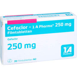 Abbildung: Cefaclor-1A Pharma 250 mg Filmtabletten 20 St, Filmtabletten PZN 16822543