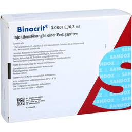 Abbildung: Binocrit 3.000 I.E. / 0,3 ml Injektionslösung in einer Fertigspritze  6X0.3 ml, Fertigspritzen PZN 16825547