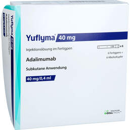 Abbildung: Yuflyma 40 mg / 0,4 ml Injektionslösung im Fertigpen 6 St, Injektionslösung PZN 16847709