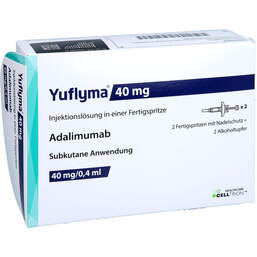 Abbildung: Yuflyma 40 mg / 0,4 ml Injektionslösung in einer Fertigspritze 2 St, Injektionslösung PZN 16847721