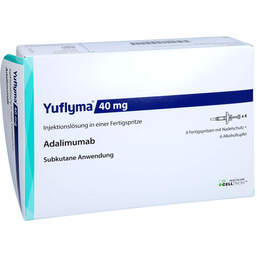Abbildung: Yuflyma 40 mg / 0,4 ml Injektionslösung in einer Fertigspritze 6 St, Injektionslösung PZN 16847744