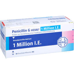 Abbildung: Penicillin G Hexal 1 Mio. I.E. P.H.Injektion - / Infusionsl. 10 St, Pulver zur Herstellung einer Injektions- oder Infusionslsg. PZN 16849772