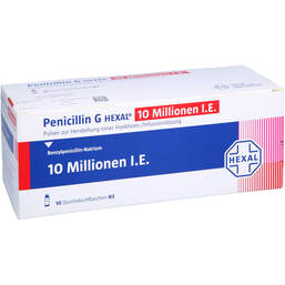 Abbildung: Penicillin G Hexal 10 Mio. I.E. P.H.Injektion - / Infusionsl. 10 St, Pulver zur Herstellung einer Injektions- oder Infusionslsg. PZN 16849795