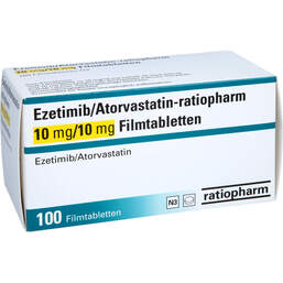Abbildung: Ezetimib / Atorvastatin-ratiopharm 10 mg / 10 mg Fta 100 St, Filmtabletten PZN 16852461