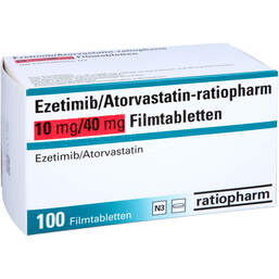 Abbildung: Ezetimib / Atorvastatin-ratiopharm 10 mg / 40 mg Fta 100 St, Filmtabletten PZN 16852509