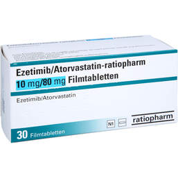 Abbildung: Ezetimib / Atorvastatin-ratiopharm 10 mg / 80 mg Fta 30 St, Filmtabletten PZN 16852515