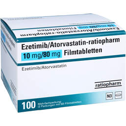 Abbildung: Ezetimib / Atorvastatin-ratiopharm 10 mg / 80 mg Fta 100 St, Filmtabletten PZN 16852521