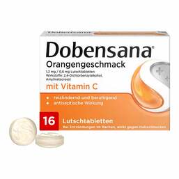 Abbildung: Dobensana Orangengeschmack 1,2 mg / 0,6 mg Lutschtabletten 16 St, Lutschtabletten PZN 16856878