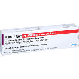 Abbildung: Mircera 75 Mikrogramm / 0,3 ml Injektionslösung i.e.F.-Sp. 1 St, Injektionslösung in einer Fertigspritze PZN 16861075