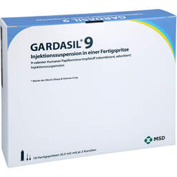 Abbildung: Gardasil 9 Injektionssuspension in einer Fertigspritze 10 St, Fertigspritzen PZN 16865417