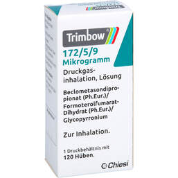 Abbildung: Trimbow 172 µg / 5 µg / 9 µg 120 Hub Druckgasinhalat. 1 St, Dosieraerosol PZN 16868025
