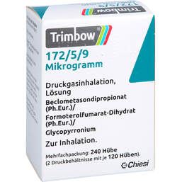 Abbildung: Trimbow 172 µg / 5 µg / 9 µg 120 Hub Druckgasinhalat. 2 St, Dosieraerosol PZN 16868031