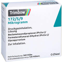 Abbildung: Trimbow 172 µg / 5 µg / 9 µg 120 Hub Druckgasinhalat. 3 St, Dosieraerosol PZN 16868048