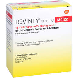 Abbildung: Revinty Ellipta 184 µg / 22 µg Einzeldosis P.z.Inh.30ED 1 St, Inhalationspulver PZN 16868781