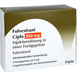 Abbildung: Fulvestrant Cipla 250 mg / 5 ml Injektionslösung i.e.F.-Sp. 4 St, Injektionslösung in einer Fertigspritze PZN 16882108