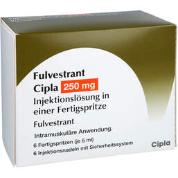 Abbildung: Fulvestrant Cipla 250 mg / 5 ml Injektionslösung i.e.F.-Sp. 6 St, Injektionslösung in einer Fertigspritze PZN 16882114