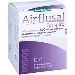 Abbildung: Airflusal Forspiro 50 / 500 µg / Dosis 60 Hub Inh.-P. 2 St, Inhalationspulver PZN 16884254