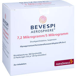 Abbildung: Bevespi Aerosphere 7,2 µg / 5 µg Dru.Gasinh.3x120Hub 3 St, Dosieraerosol PZN 16885940