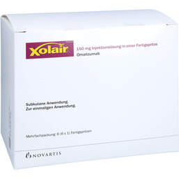 Abbildung: Xolair 150 mg Injektionslösung in einer Fertigspritze 6 St, Injektionslösung in einer Fertigspritze PZN 16893129