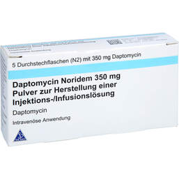 Abbildung: Daptomycin Noridem 350 mg Pulver zur H.einer Injektion - / Infusionsl. 5 St, Pulver zur Herstellung einer Injektions- oder Infusionslsg. PZN 16896056