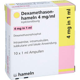 Abbildung: Dexamethason-hameln 4 mg / ml Injektionslösung 10X1 ml, Injektionslösung PZN 16913056