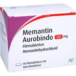 Abbildung: Memantin Aurobindo 20 mg Filmtabletten 98 St, Filmtabletten PZN 17146127