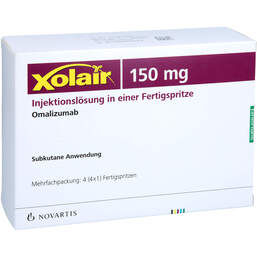 Abbildung: Xolair 150 mg Injektionslösung in einer Fertigspritze 4 St, Injektionslösung in einer Fertigspritze PZN 17147701