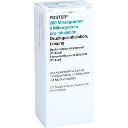 Abbildung: Foster 200 / 6 µg 120 Hub Dosieraerosol 1 St, Dosieraerosol PZN 17153392