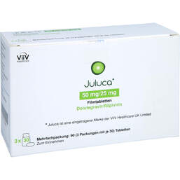 Abbildung: Juluca 50 mg / 25 mg Filmtabletten 3X30 St, Filmtabletten PZN 17165484