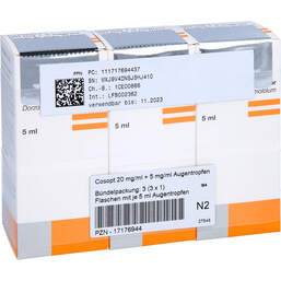 Abbildung: Cosopt 20 mg / ml + 5 mg / ml Augentropfen 3X5 ml, Augentropfen PZN 17176944