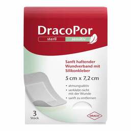 Abbildung: Dracopor sensitiv 5x7,2 cm steril mit Silikonkleber 3 St, Verband PZN 17183111