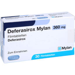 Abbildung: Deferasirox Mylan 360 mg Filmtabletten 30 St, Filmtabletten PZN 17201665