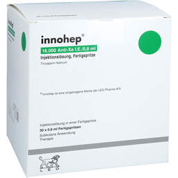 Abbildung: Innohep 16.000 Anti-Xa I.E. / 0,8 ml Injektionslösung i.e.FS 30 St, Injektionslösung in einer Fertigspritze PZN 17293087