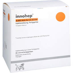 Abbildung: Innohep 8.000 Anti-Xa I.E. / 0,4ml Injektionslösung i.e.FS 30 St, Injektionslösung in einer Fertigspritze PZN 17293118