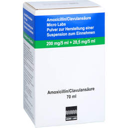 Abbildung: Amoxicillin / Clavulansäure Micro La.200 / 28,5mg / 5ml 70 ml, Pulver zur Herstellung einer Suspension zum Einnehmen PZN 17371539