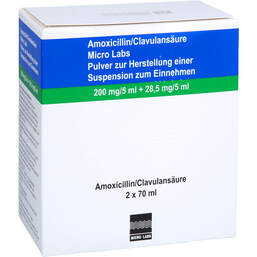 Abbildung: Amoxicillin / Clavulansäure Micro La.200 / 28,5mg / 5ml 140 ml, Pulver zur Herstellung einer Suspension zum Einnehmen PZN 17371545